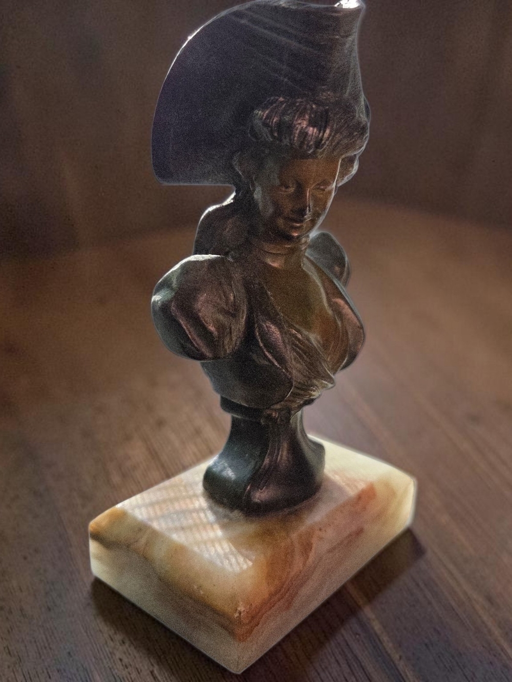 Bronze-Patina Female Bust Sculpture on Marble Base 6" Art Nouveau